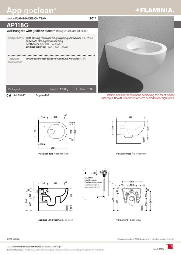 FLAMINIA APP WC suspendu sans rebord blanc brillant